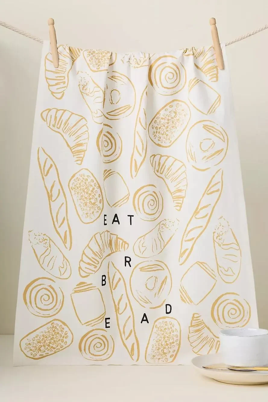 NEW ANTHROPOLOGIE White Tan Black Eat Bread $38 Pastry Kitchen Tea Towel Decor